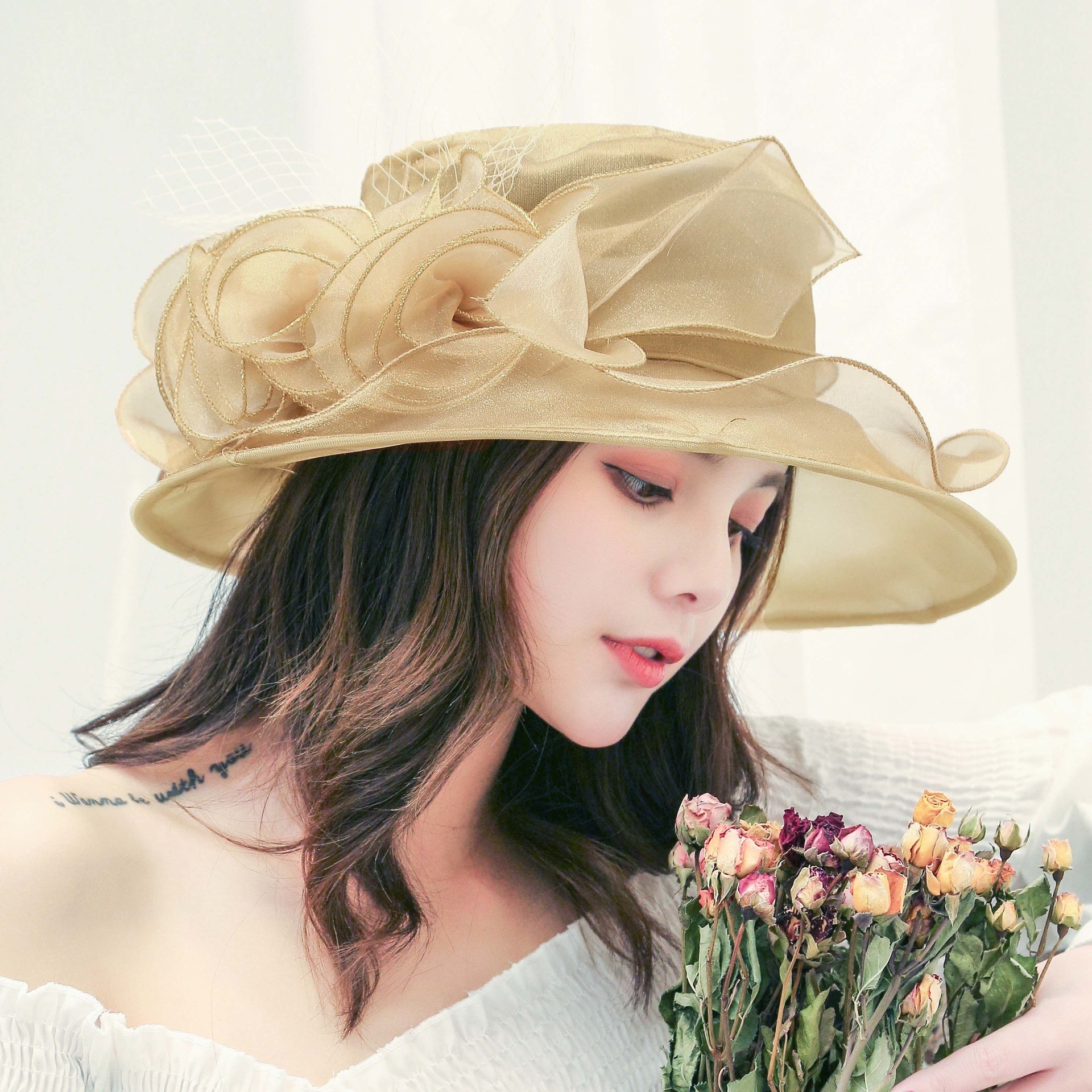 Women's Sun Hat Mesh Bowler Hat Organza Summer Sun Hat - Image 10