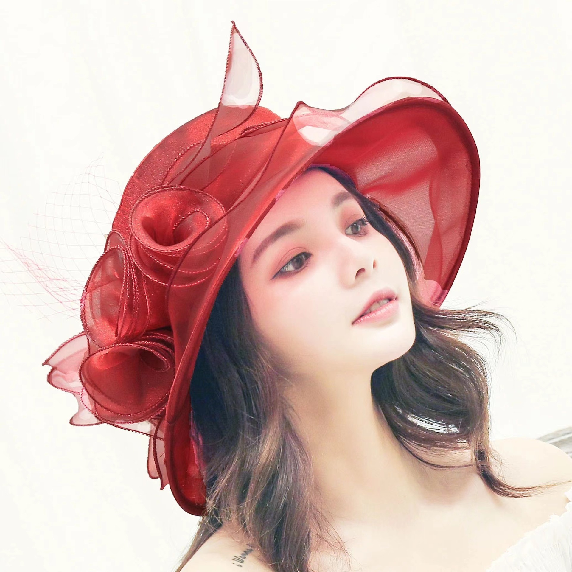 Women's Sun Hat Mesh Bowler Hat Organza Summer Sun Hat - Image 7